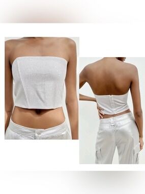 Zara White silver rhinestone embellished strapless corset bustier crop top Sz L